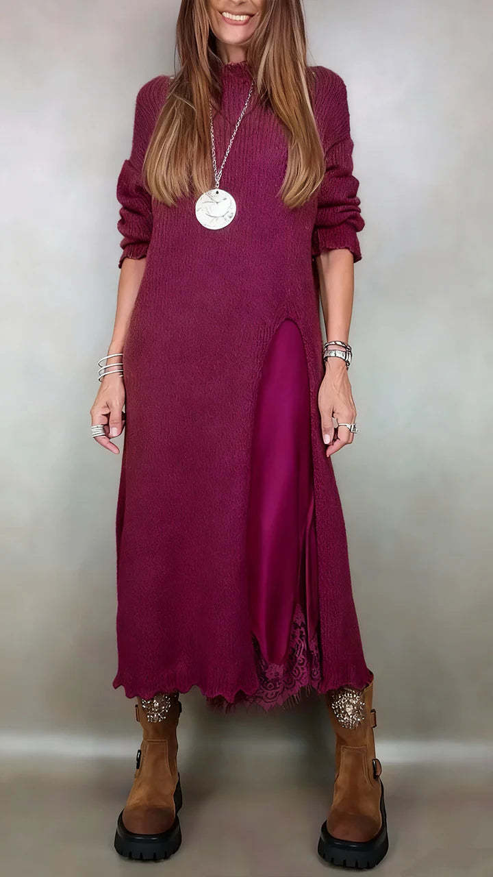 Lace Cami Slit Sweater Dress Two-Piece Set