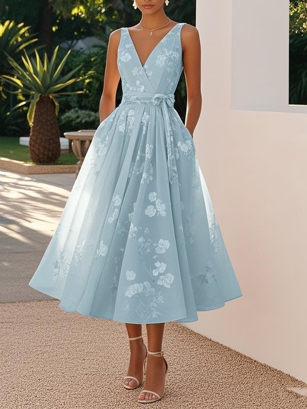 Sleeveless V-Neck Digital Print Dress for Evening Parties