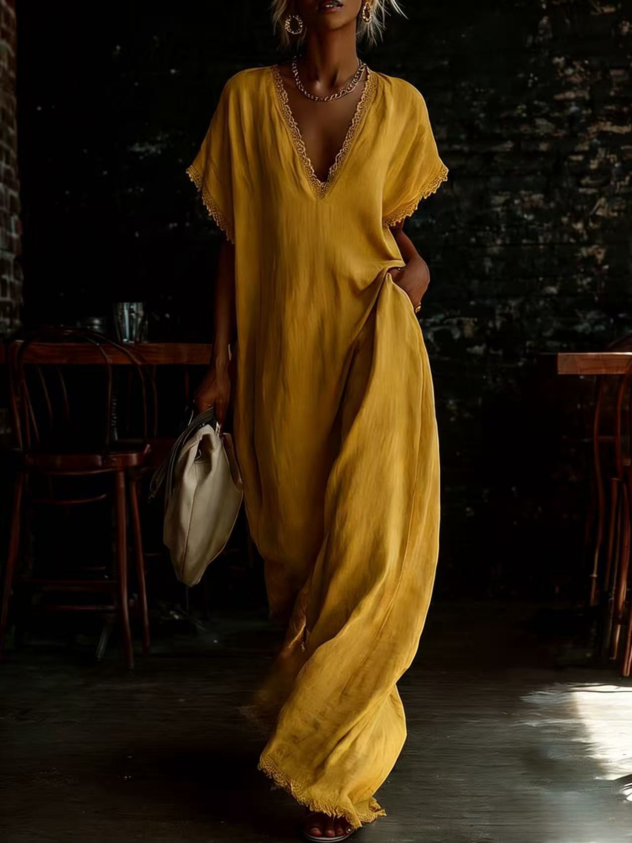 Women's Lace Trim Loose Linen Cotton Long Dress