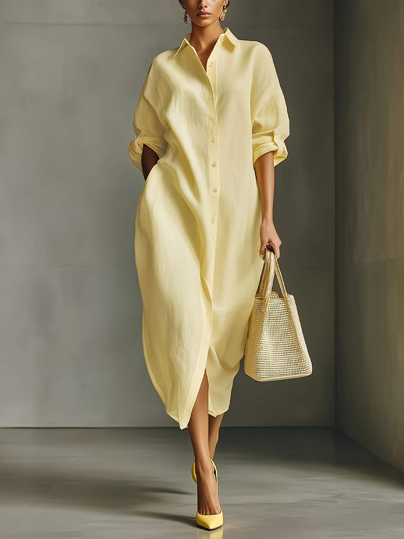 Relaxed Cotton-Blend Shirt Dress Long Sleeve Collared Button-Front Midi
