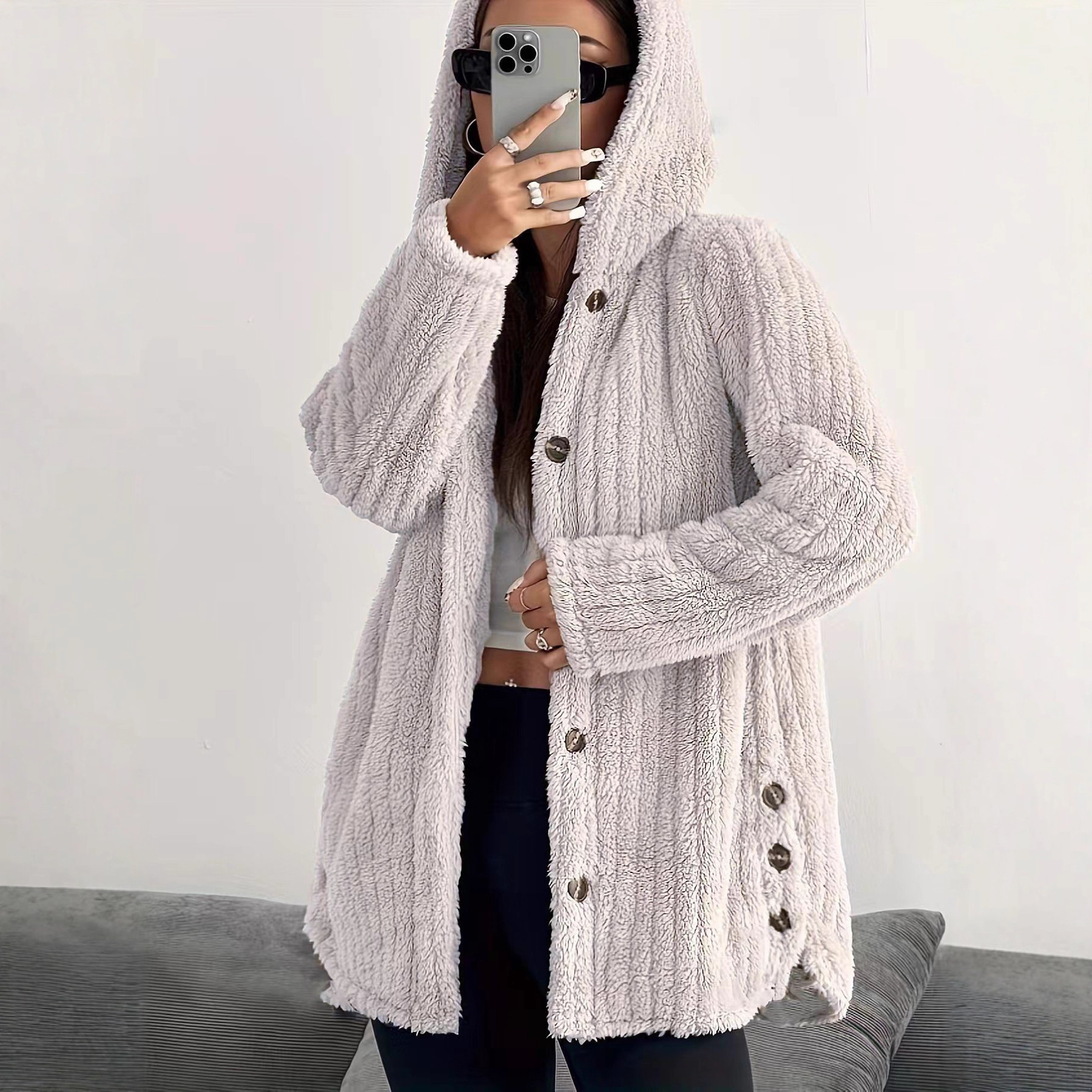 Striped Hooded Button Cardigan Plush Coat Loose Warm