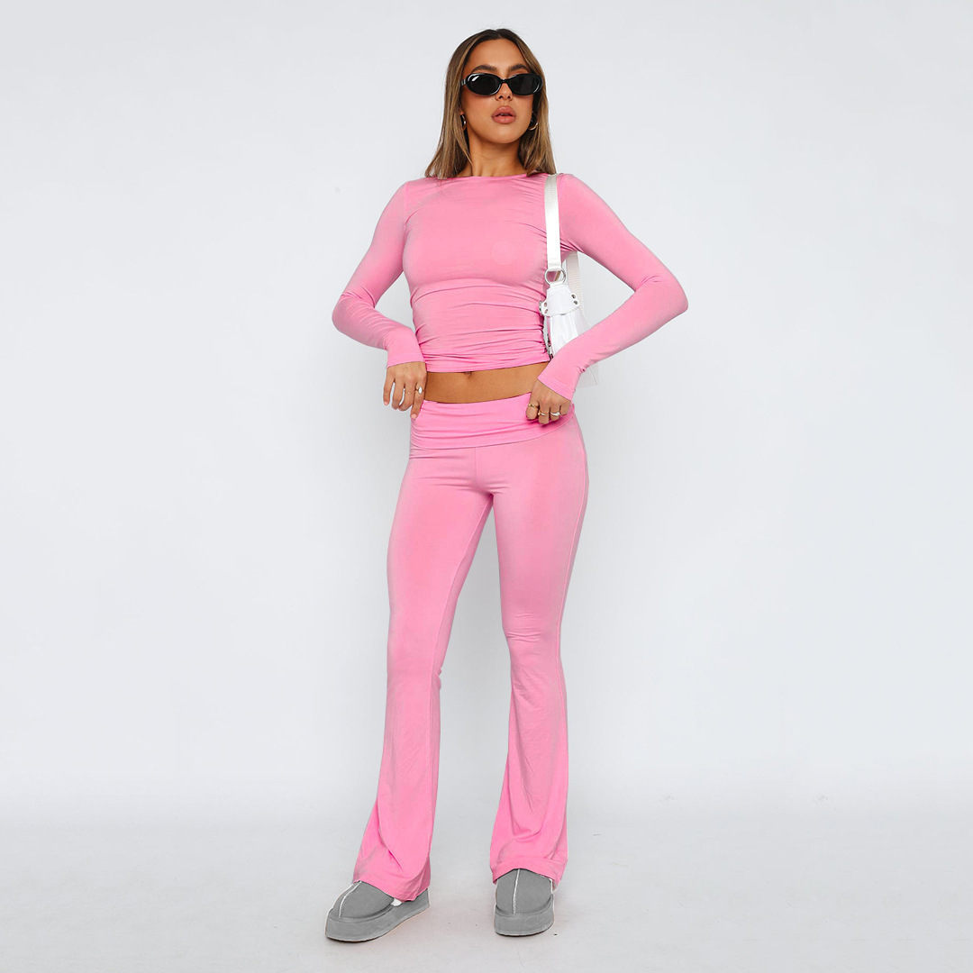 Women's Low-Rise Flare Pants Set Casual Slimming Solid Color