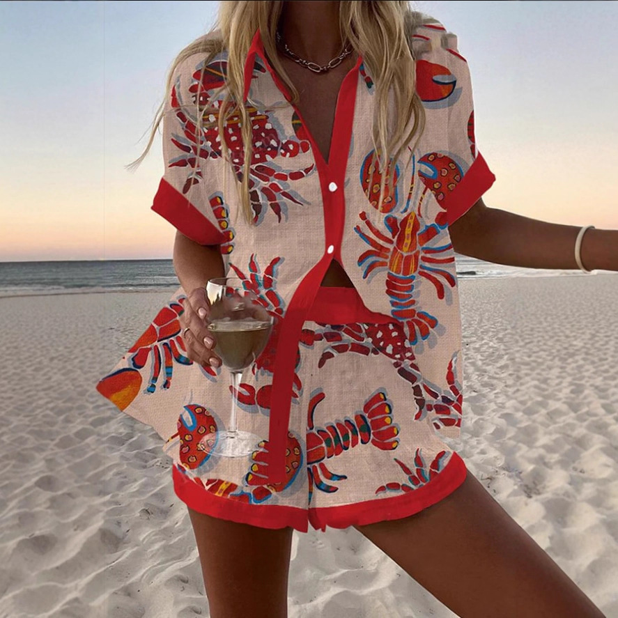 Women's Animal Print Short Sleeve Collared Top Set