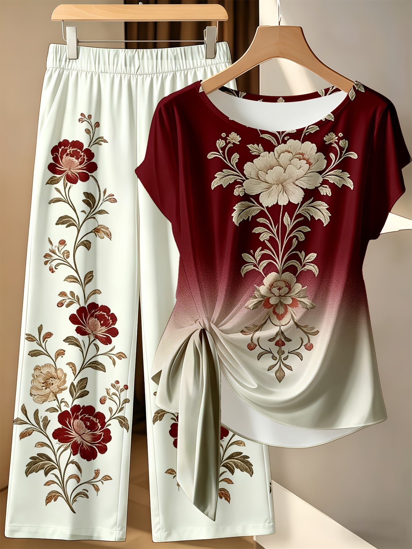 Floral Print Short Sleeve Top and Pants Set