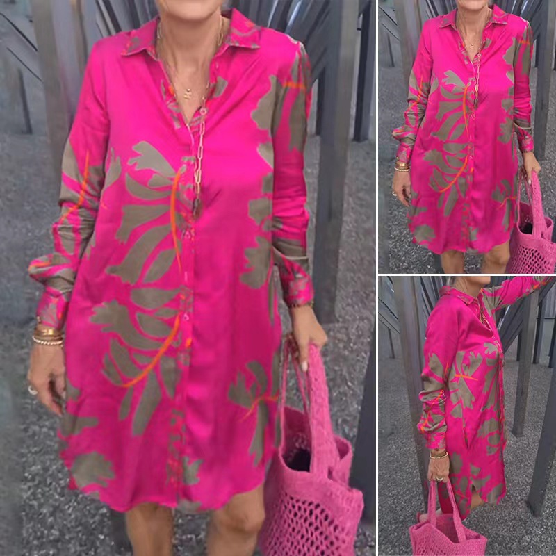 Printed V-Neck Long Sleeve Dress