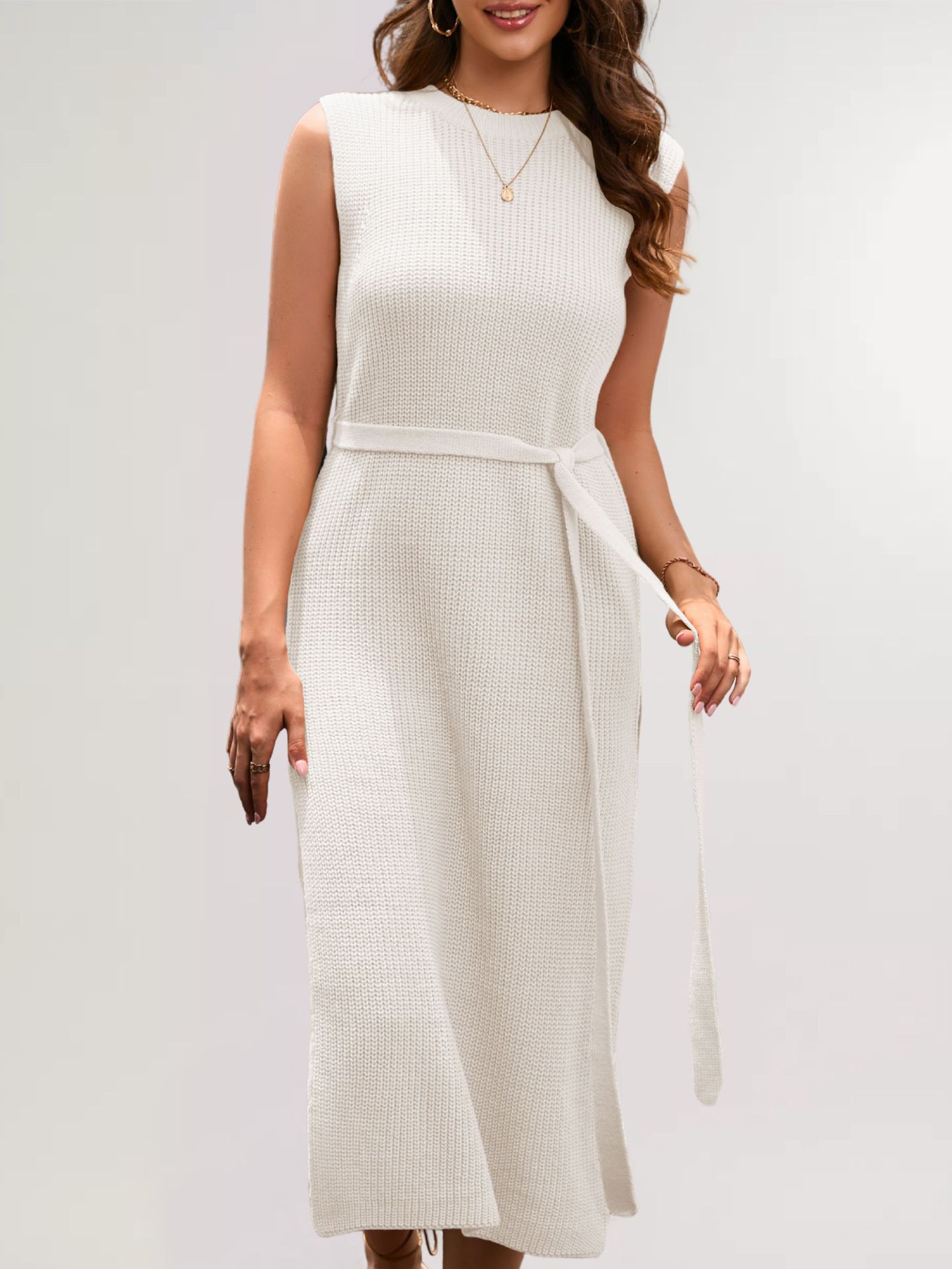Solid Crewneck Knit Dress with Slit