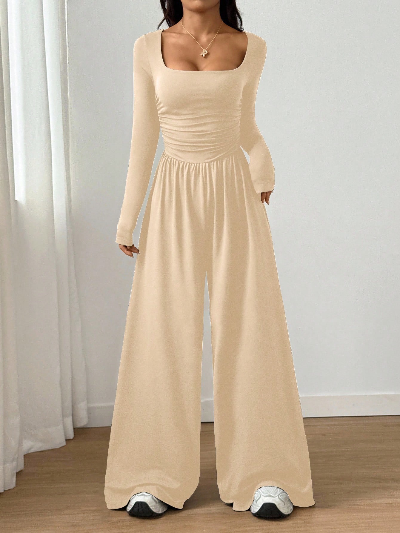 Women's Long Sleeve Square Neck Wide Leg Jumpsuit Solid Color Slimming