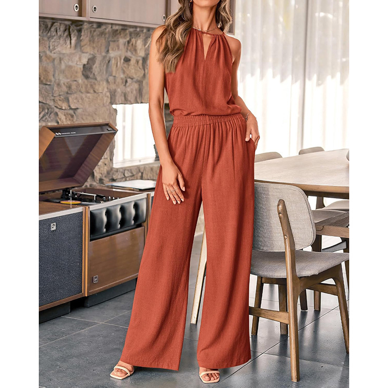Women's Cutout Halter Top and Wide-Leg Pants Two-Piece Set