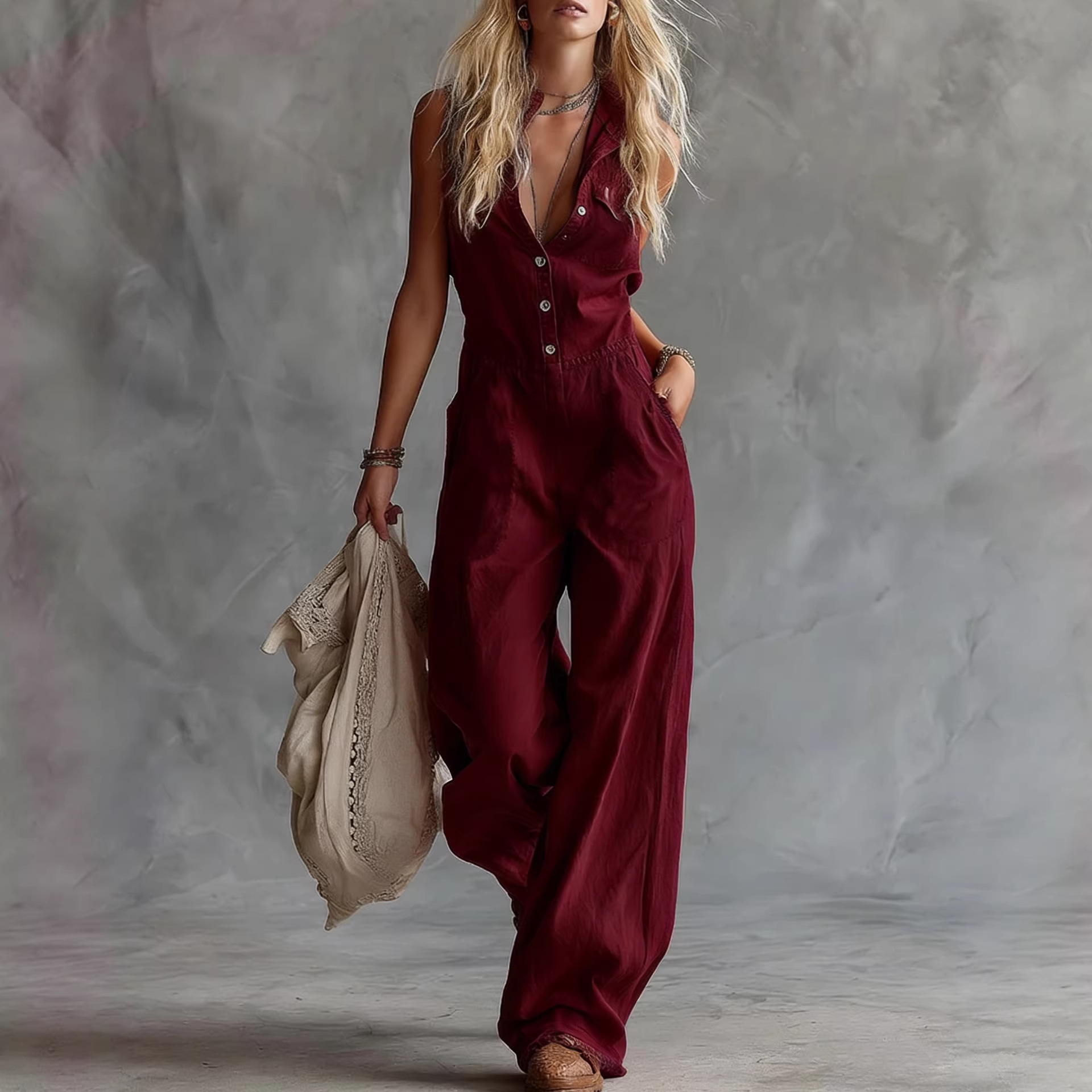 Western V-Neck Button-Front Sleeveless Linen Jumpsuit