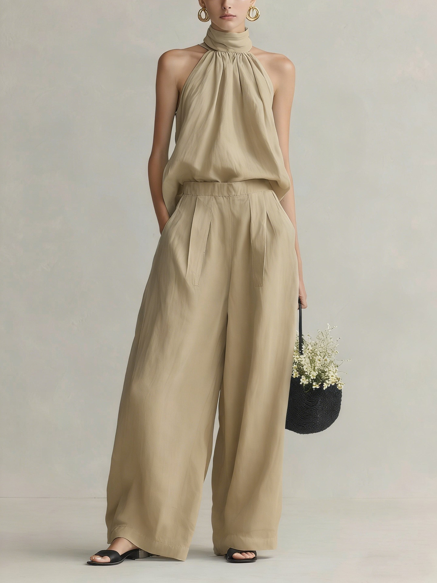 Women's Sleeveless Round Neck Top and Pants Set