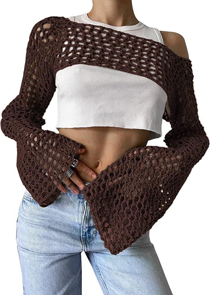Women's Crochet Mesh Crop Top with Bell Sleeves