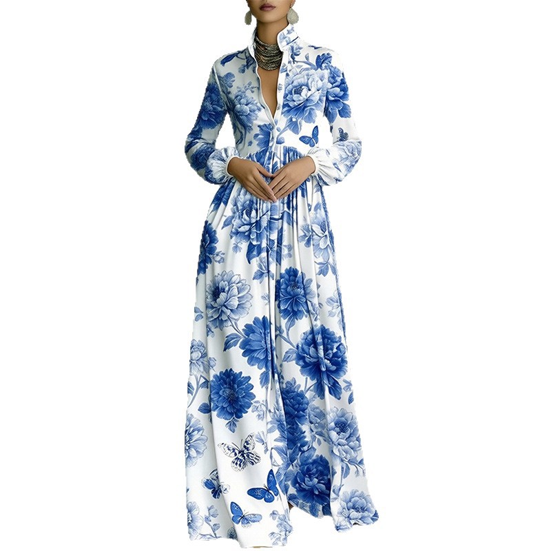 French Style Printed Long Dress with Collar, Loose Casual Vacation Dress