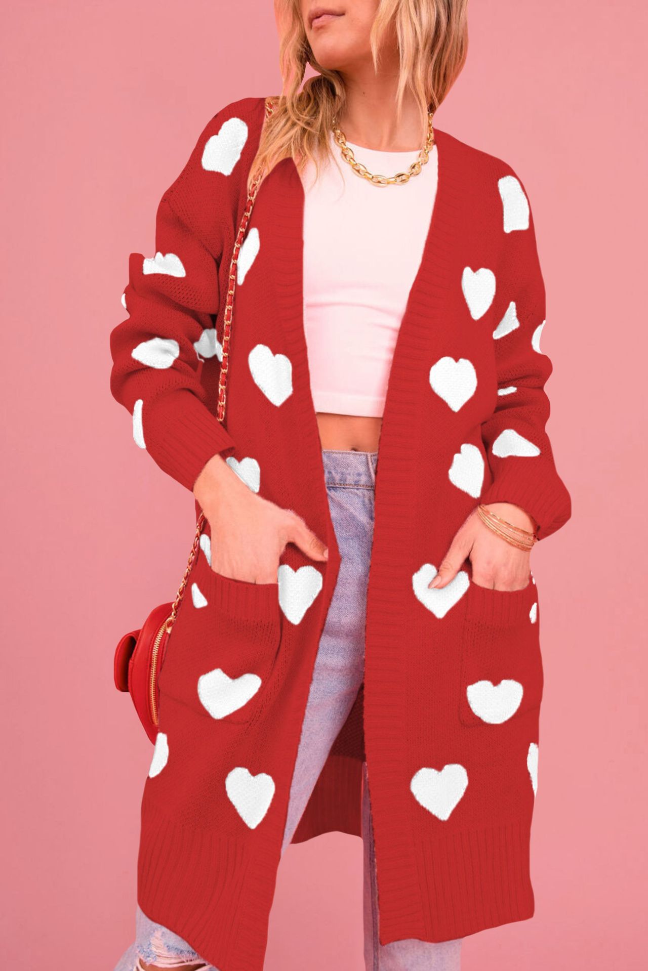 Heart Jacquard Knit Midi Cardigan Sweater Coat Women's Plus Size