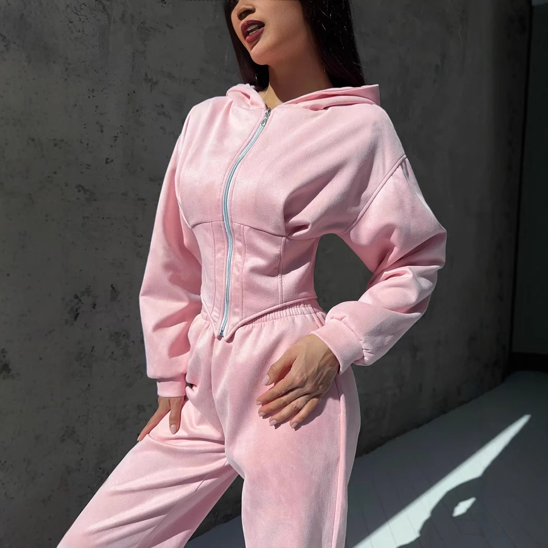 Women's Solid Color Hooded Waist-Cinched Sweatshirt and Pants Set Casual Two-Piece