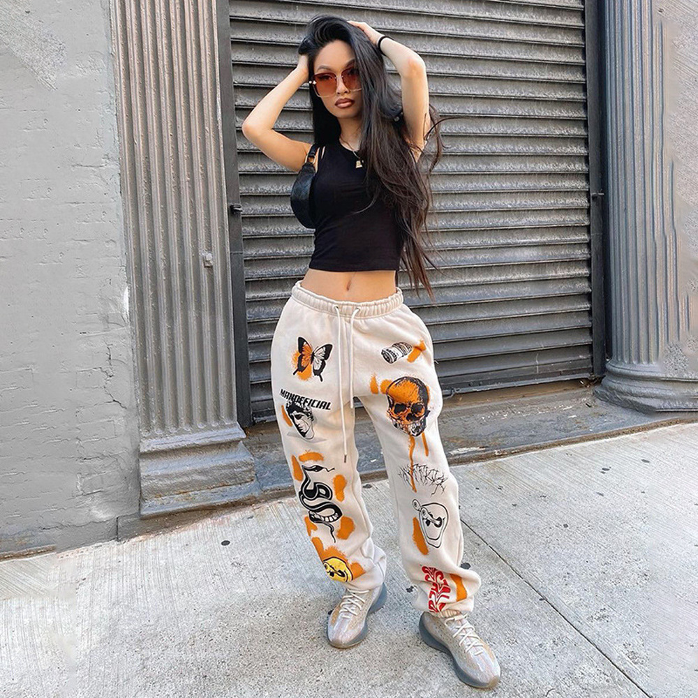 Halloween Streetwear Multi-Print Lace-Up Straight Leg Pants
