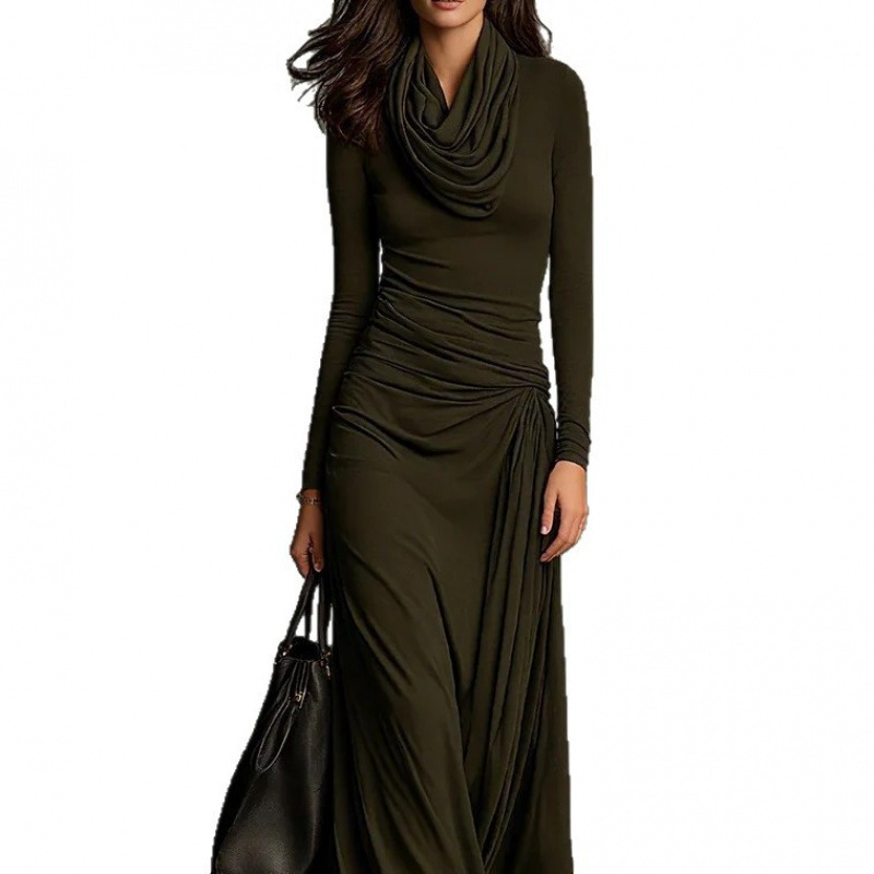 Elegant Ruched Cowl Neck Slim Fit Long Sleeve Dress