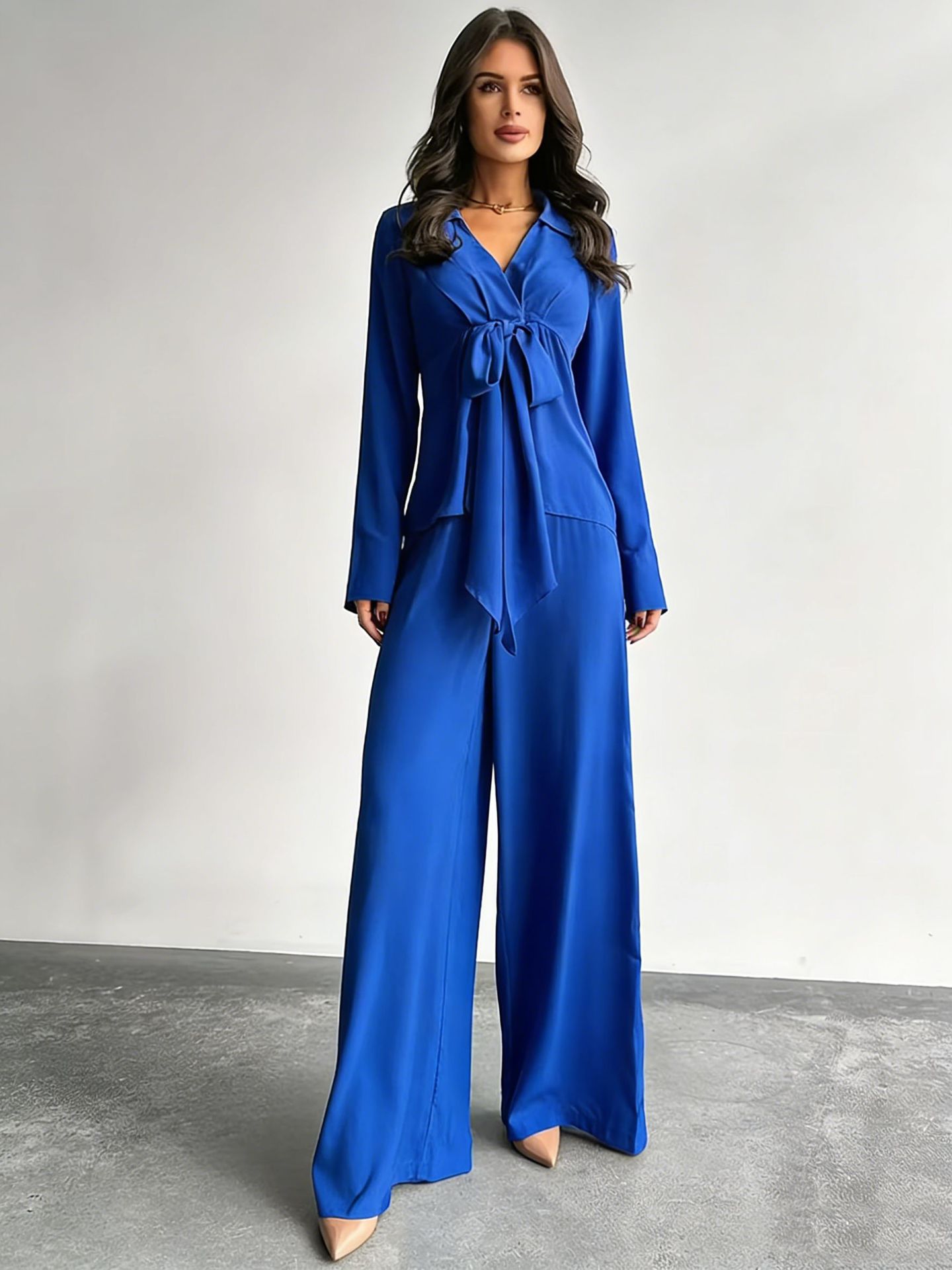 Women's Casual Two-Piece Set with Drawstring Top and Wide-Leg Pants