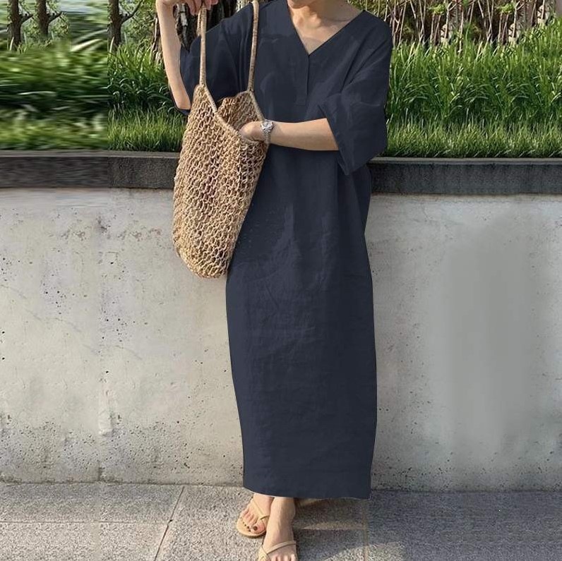 Women's Loose V-Neck Short Sleeve Cotton Linen Maxi Dress Plus Size Solid