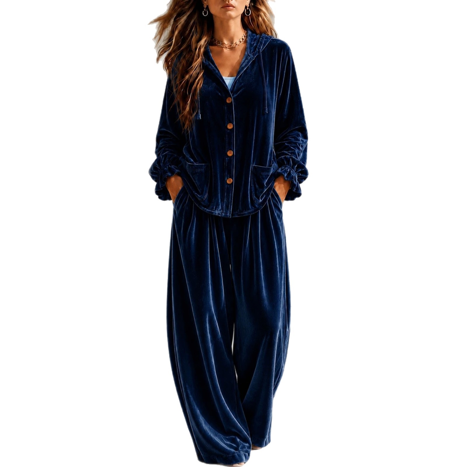 Velvet Open-Front Cardigan and Pants Two-Piece Set with Pockets