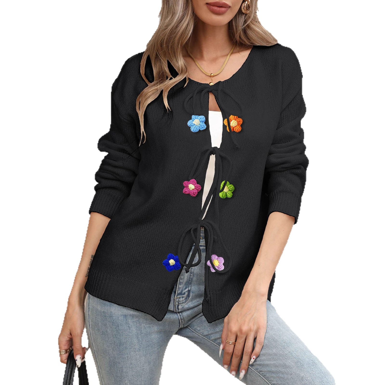 Women's Tie-Front Cardigan with Hand-Crocheted Floral Appliqué