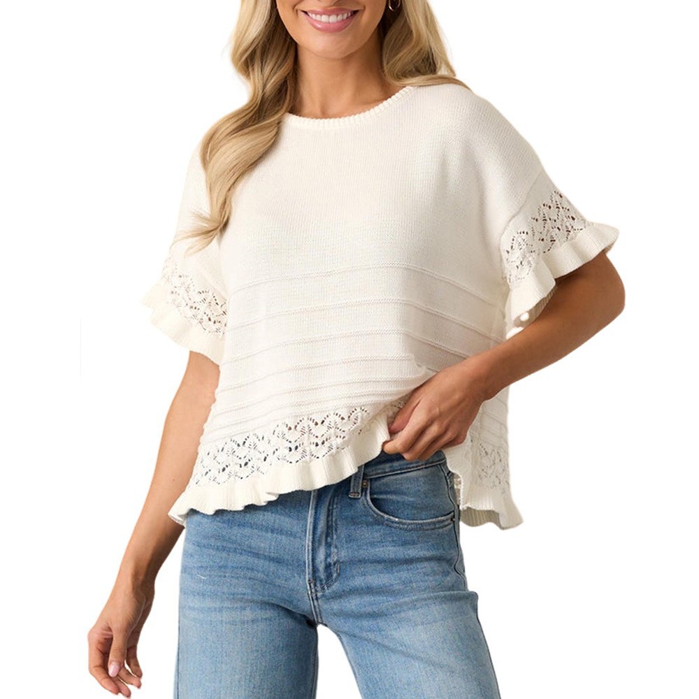 Women's Round Neck Hollow Knit Short Sleeve Ruffle Sweater Loose Top