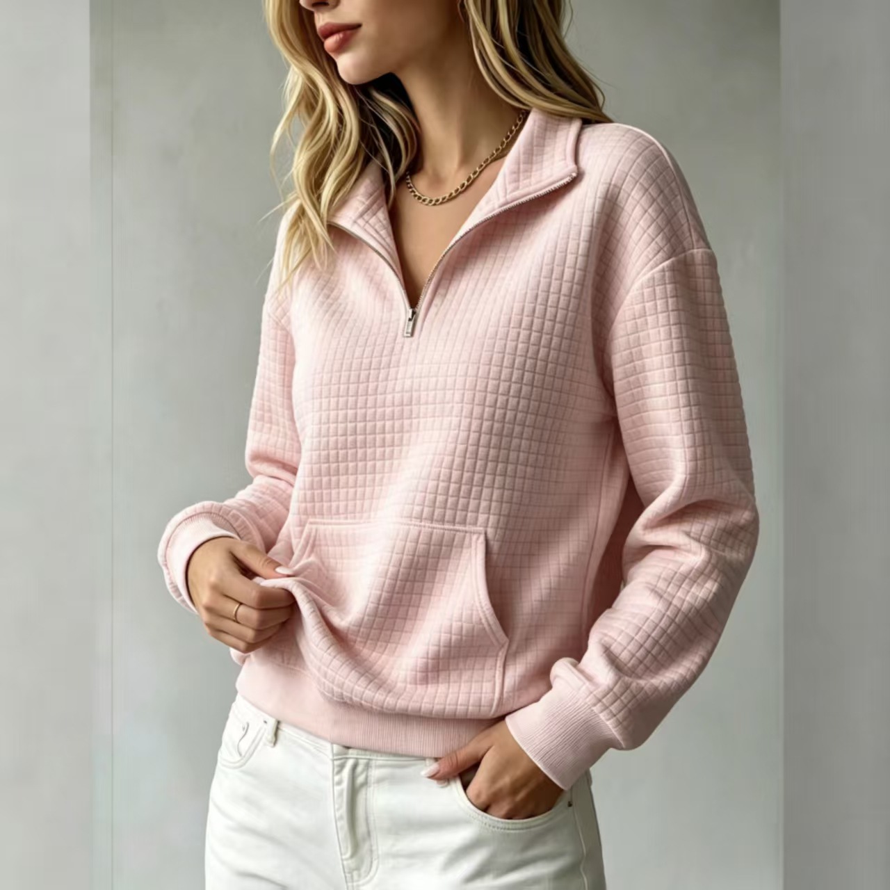 Women's Loose Kangaroo Pocket Solid Color Stand Collar Zip-Up Long Sleeve Sweatshirt