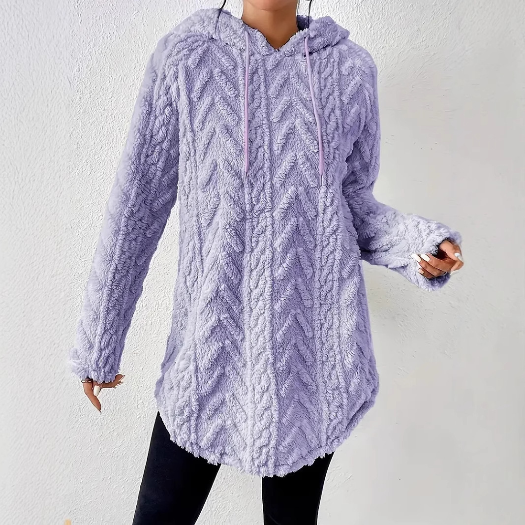 Solid Hooded Long-Sleeve Drawstring Fleece Sweater