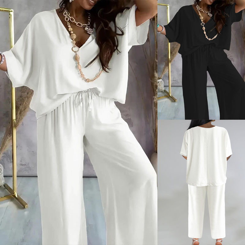 V-Neck Batwing Sleeve Solid Color Loose Wide-Leg Pants Set Women