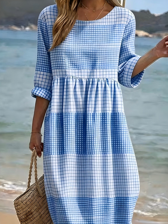 Women's Solid Plaid Print Ruched Midi Dress