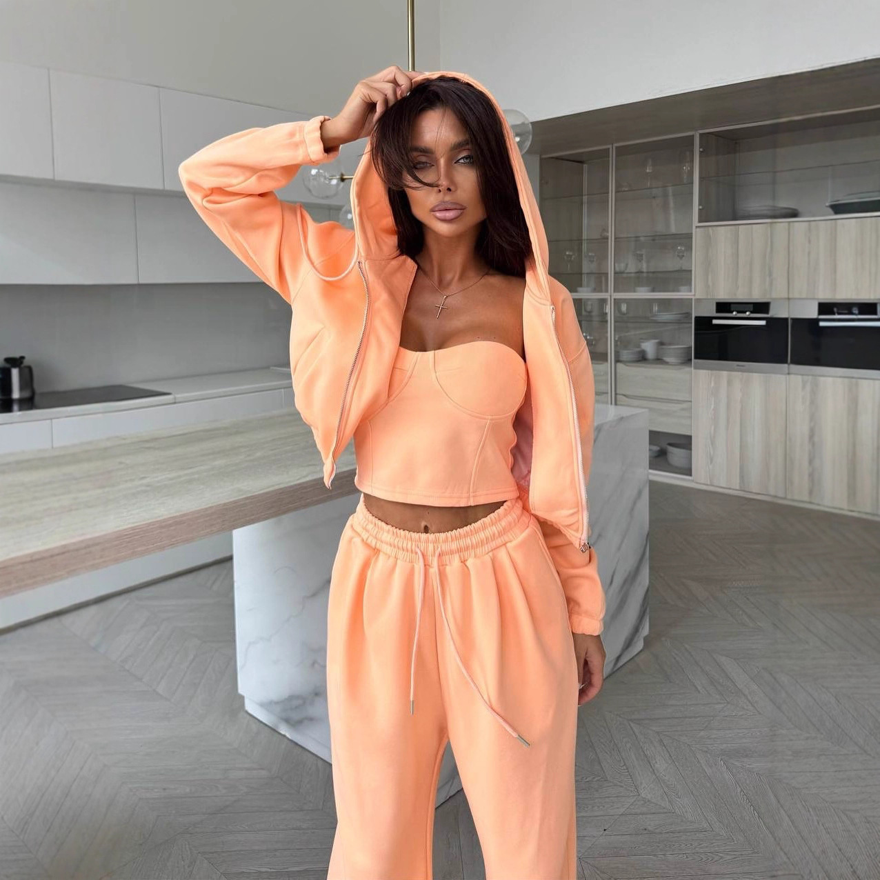Women's Solid Color Hooded Zip Cardigan Sweatshirt and Wide-Leg Pants Two-Piece Set
