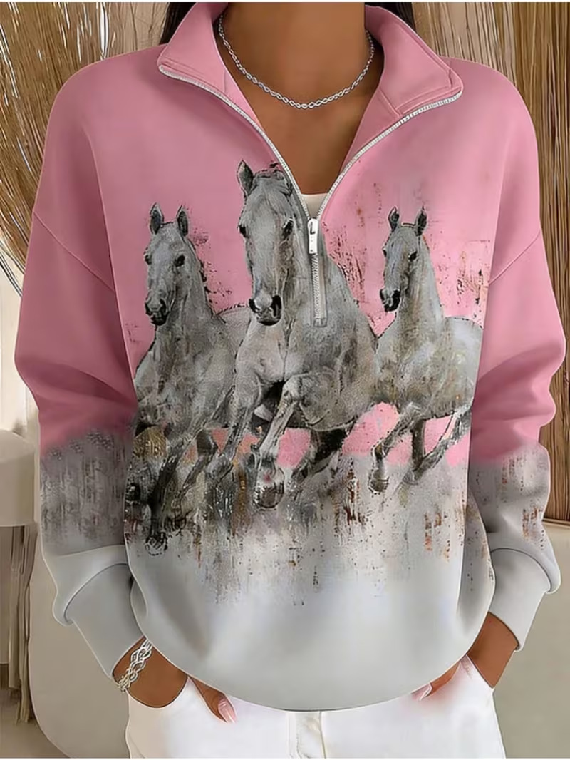 Galloping Horse Print Half-Zip Hoodie for Women