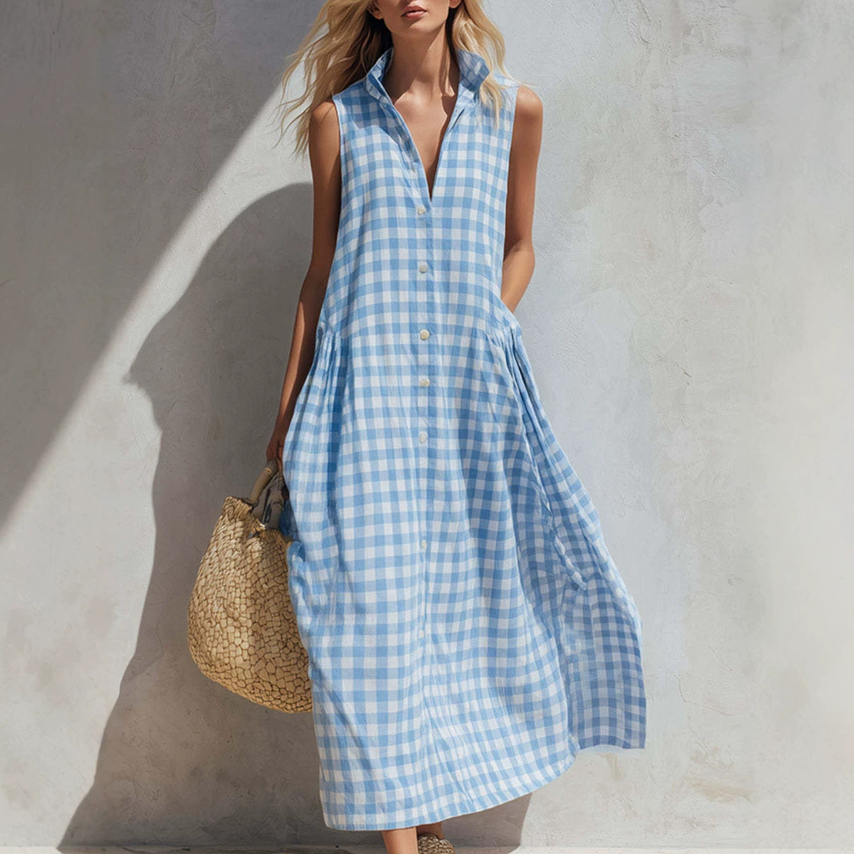 Sleeveless Plaid Loose Long Dress