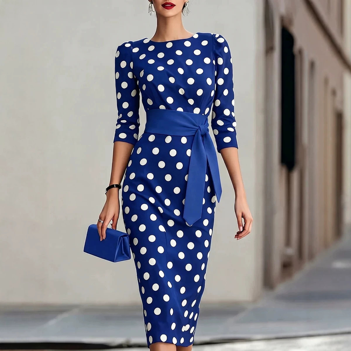 Color-Block Polka Dot Belted Slim Fit Long Sleeve Dress