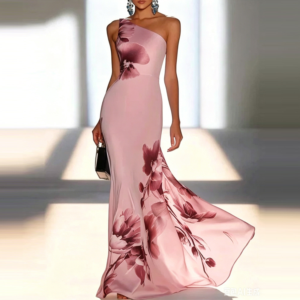 Blue Floral One-Shoulder Long Dress Elegant Evening Gown