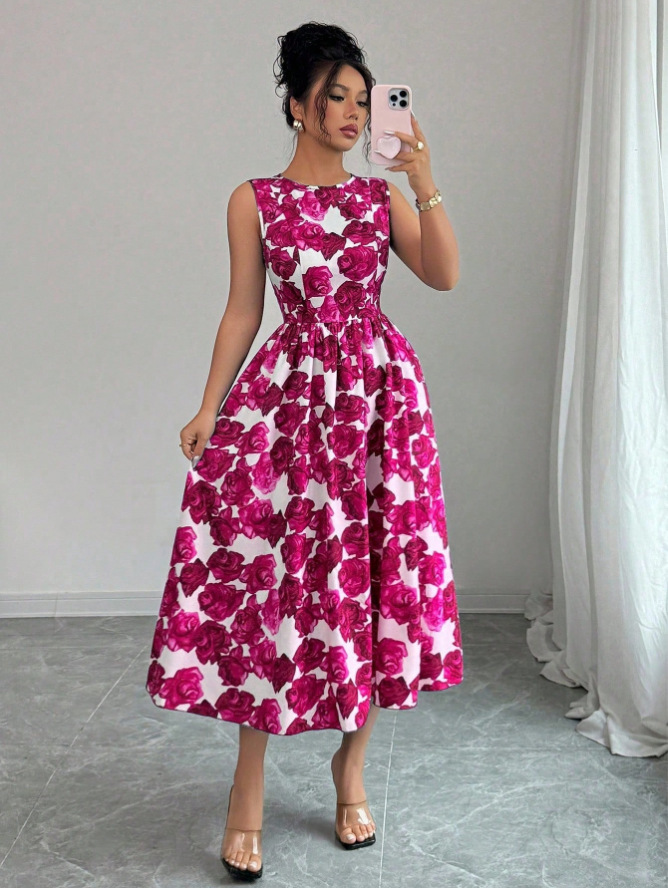Printed Sleeveless A-Line Midi Dress