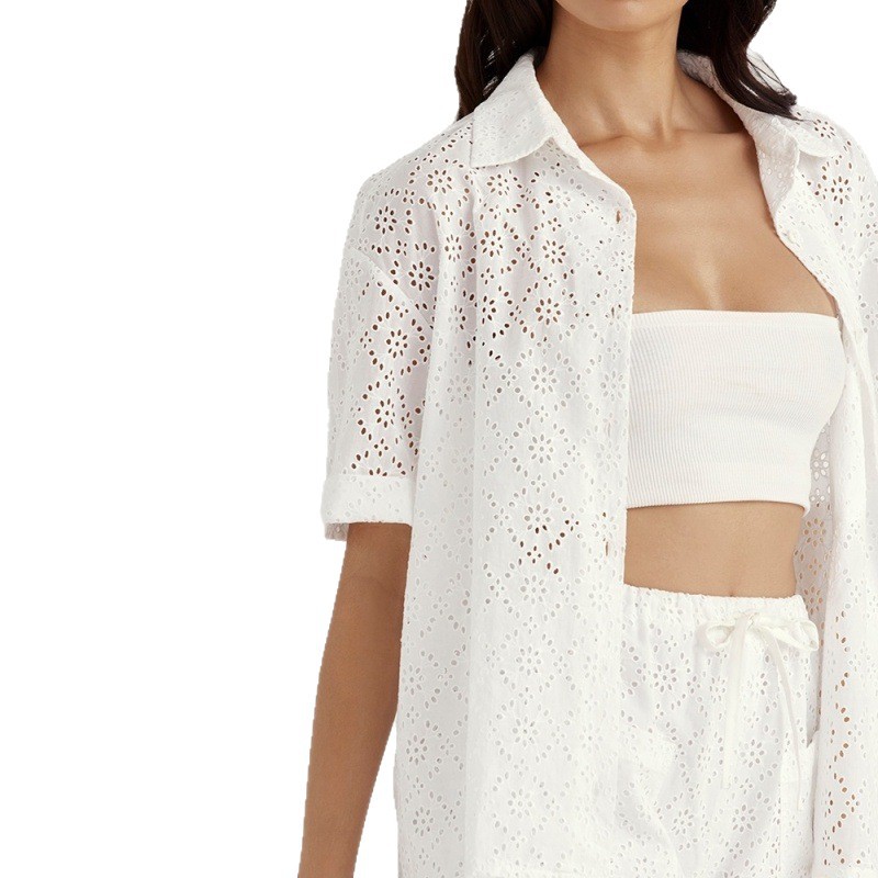 Women's Short Sleeve Open Front Cardigan Set Hollow Out Jacquard Solid Casual