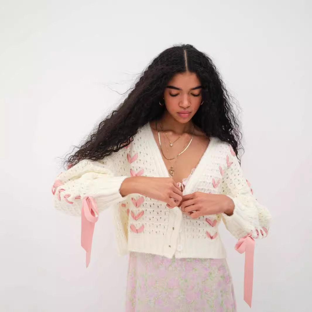 V-Neck Lace-Up Open Knit Cardigan Sweater Loose Casual Women's