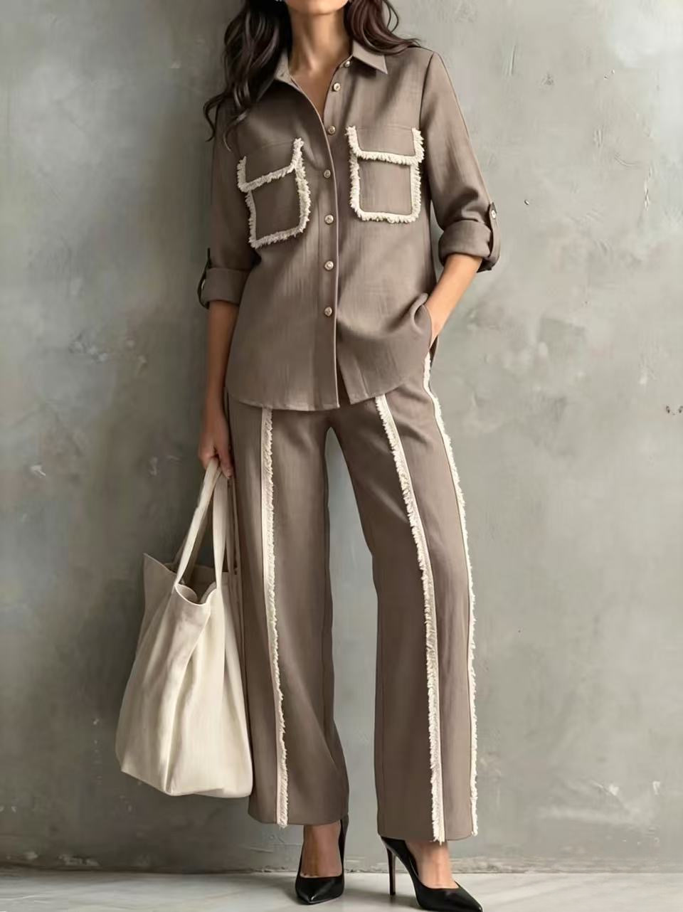 Minimalist Cropped Button Pocket Fringe Two-Piece Women's Set