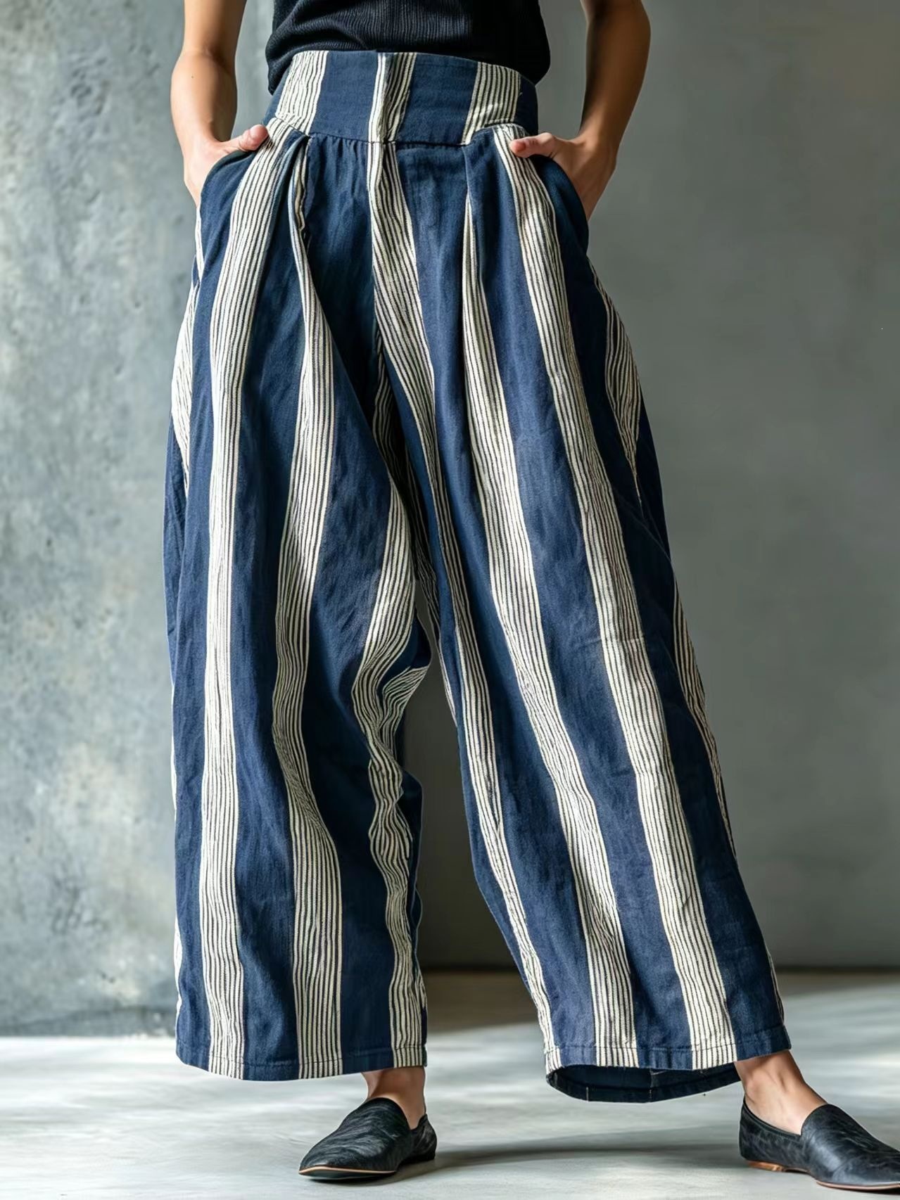 Women's Loose Striped Wide-Leg Pants Casual Vacation Linen-Blend High Waist