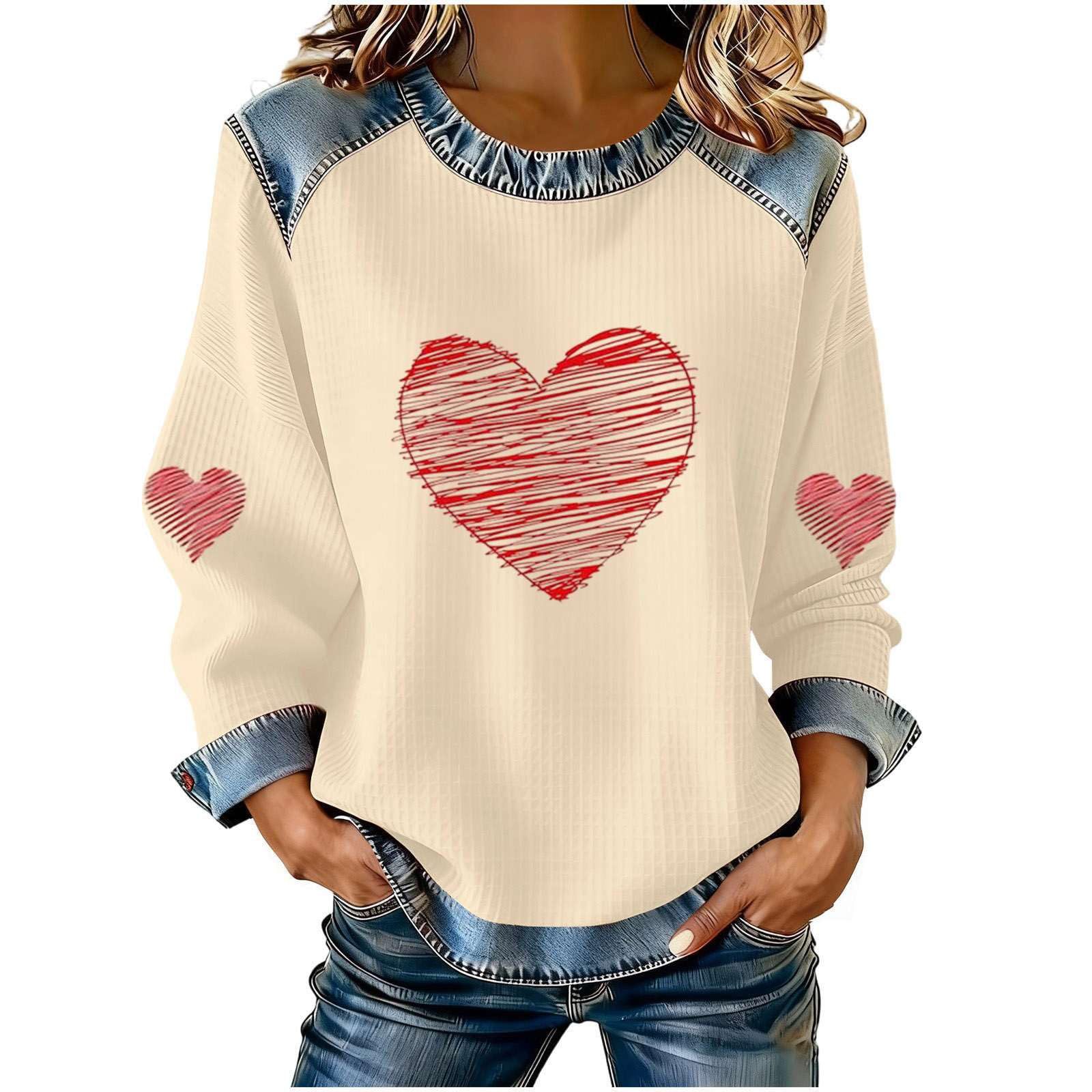 Women's Heart Print Crewneck Sweatshirt
