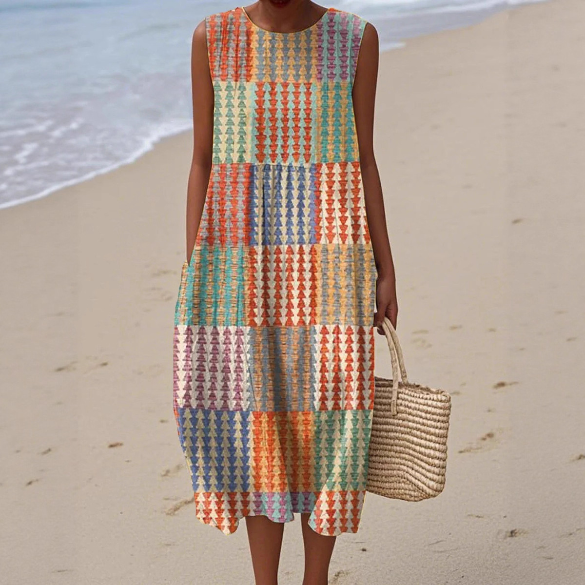 Women's Retro Multicolor Striped Floral Sleeveless Midi Dress