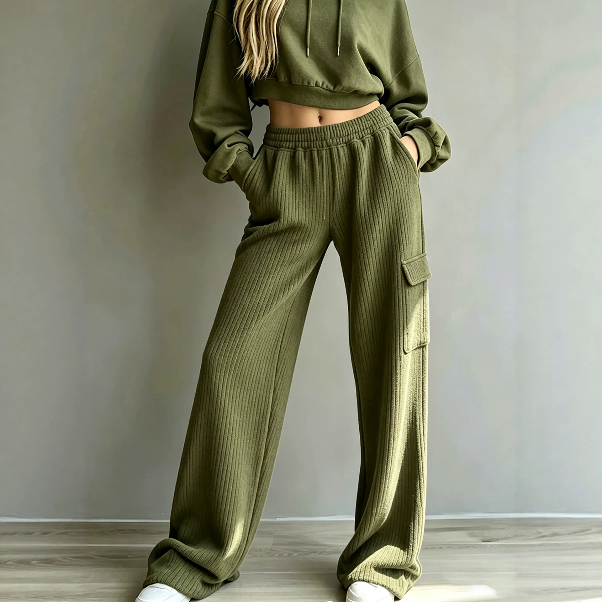Vertical Ribbed Cargo Wide-Leg Sweatpants High-Waist Drawstring Side Pockets