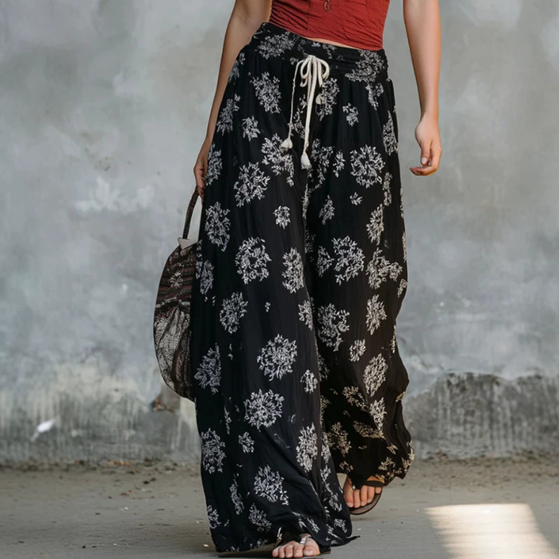 Brick Red Sleeveless Top and Black Floral Chiffon Wide-Leg Pants Set