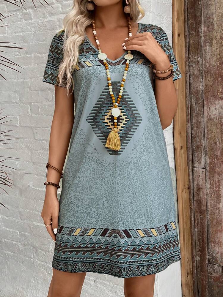 Floral V-Neck Short Sleeve Midi Dress