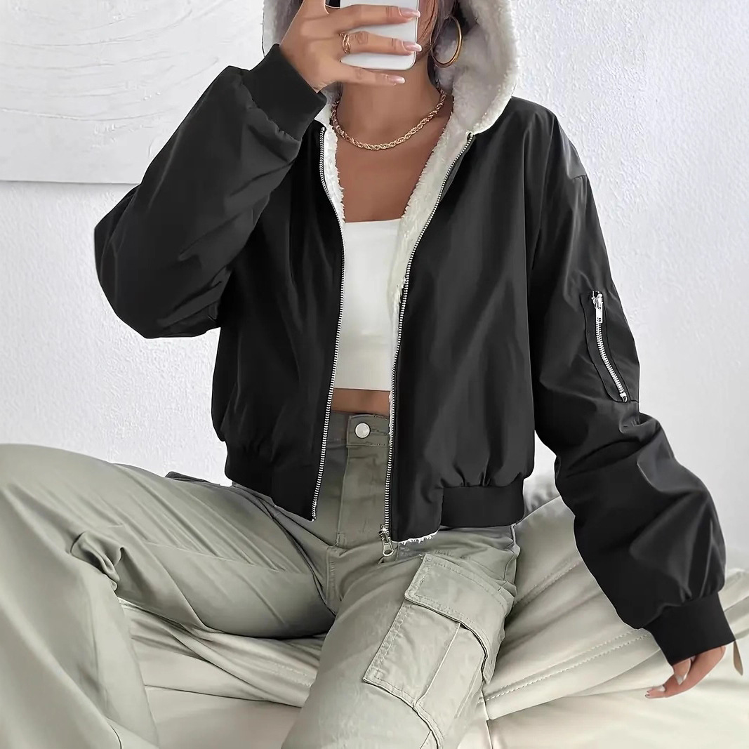 Elegant Loose Fleece Zip-Up Hooded Jacket with Pockets