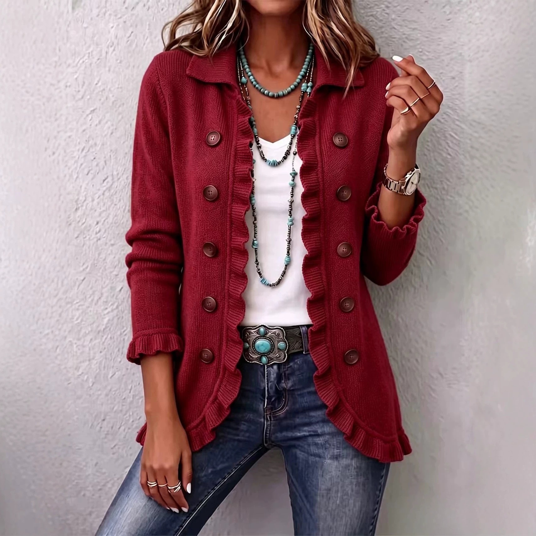Women's Solid Ruffle Trim Button-Front Knit Cardigan Long Sleeve