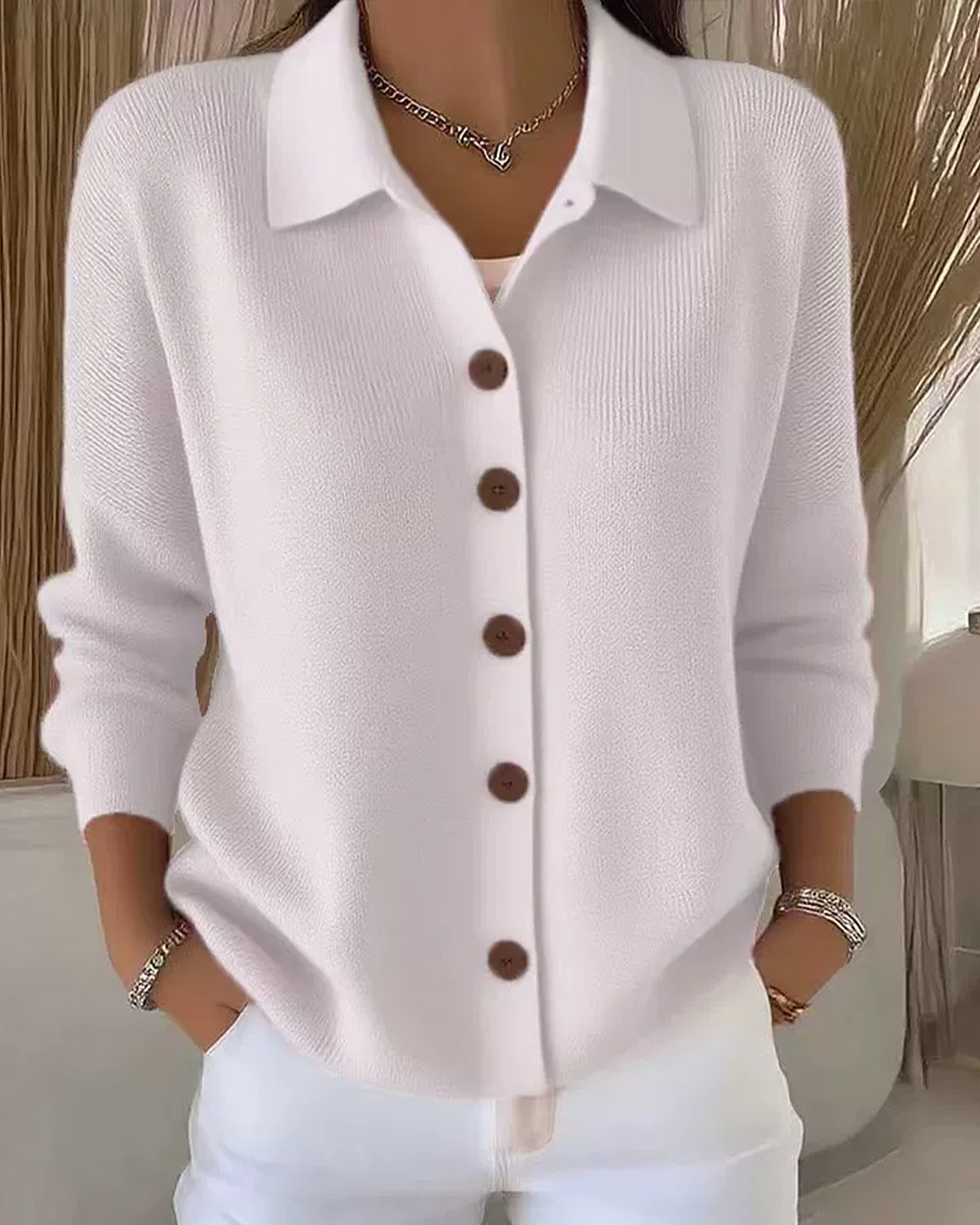 Polo Collar Button-Front Knit Cardigan Sweater