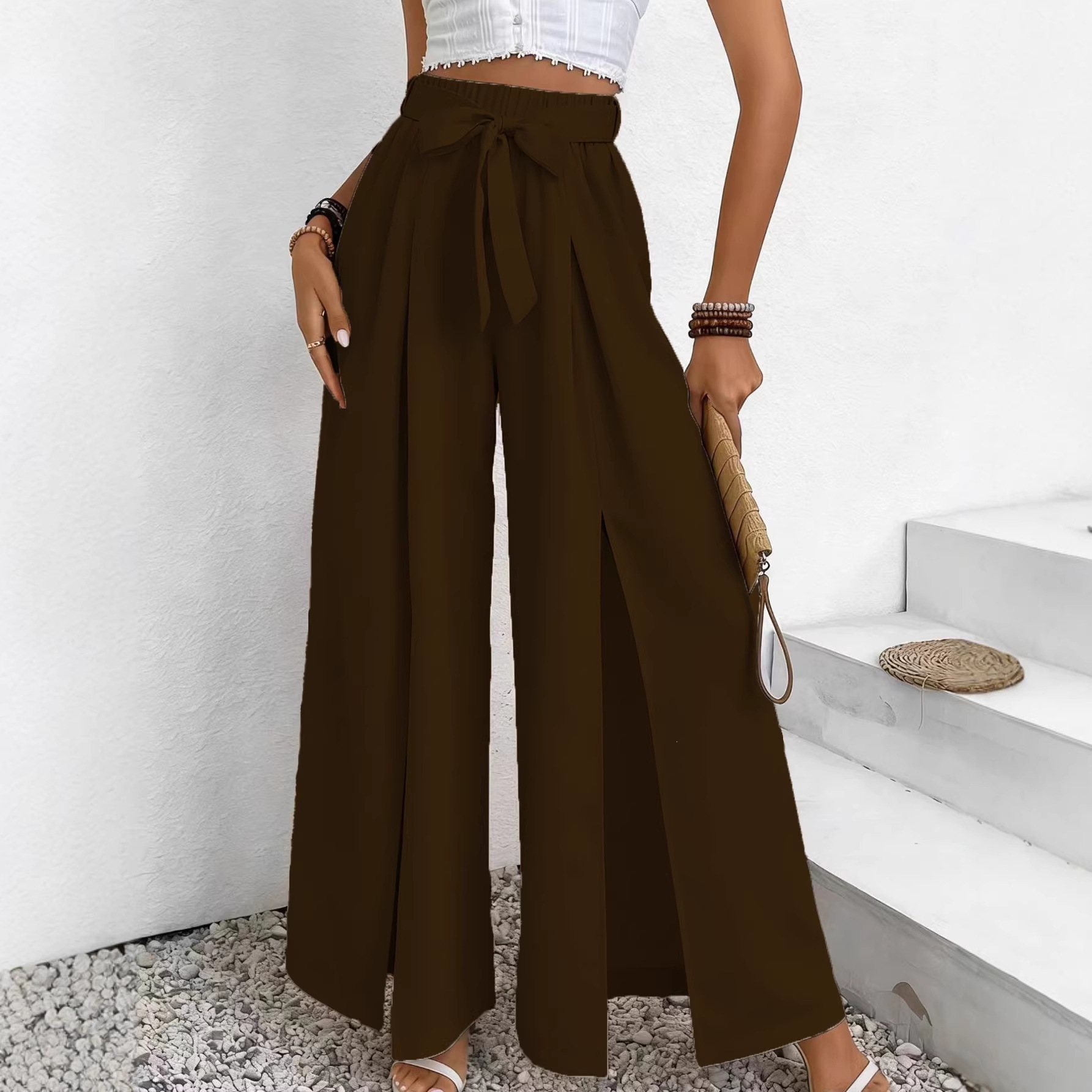 High-Waist Tie-Front Split Wide-Leg Pants with Elastic Waist