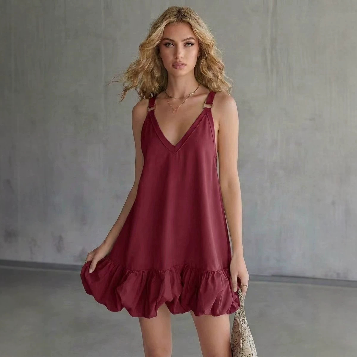 Women's Solid V-Neck Ruffle Bubble Cami Mini Dress