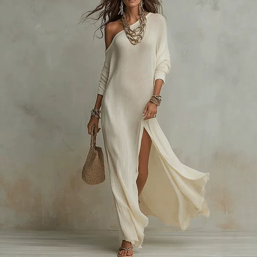 Elegant Long Sleeve Knit Pleated Slit Dress